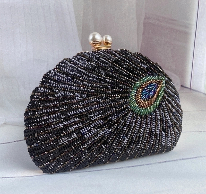 Blue Black Gold Metal Feather Beading Sequins Shell Evening Bags