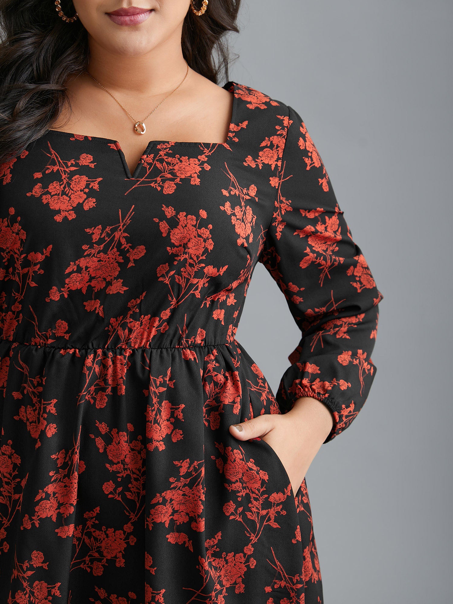 Silhouette Floral Print Notched Dress