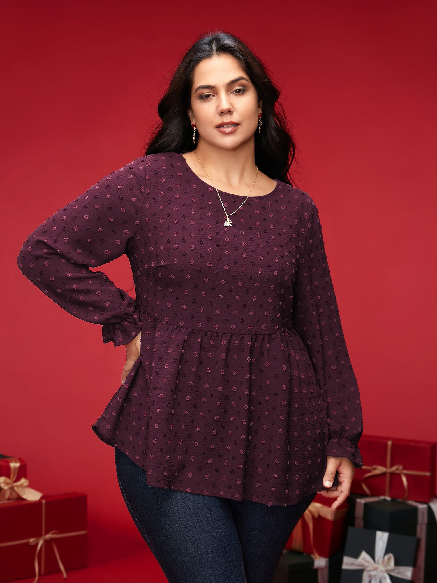 Textured Dot Elastic Cuffs A-line Blouse