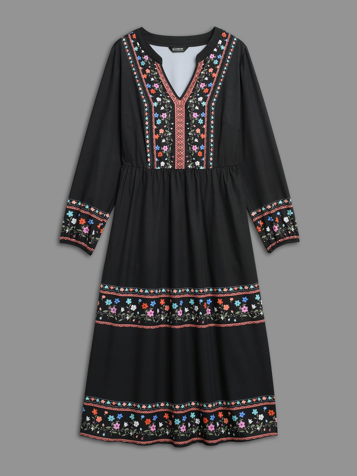 Notched Collar Boho Print Midi Dress