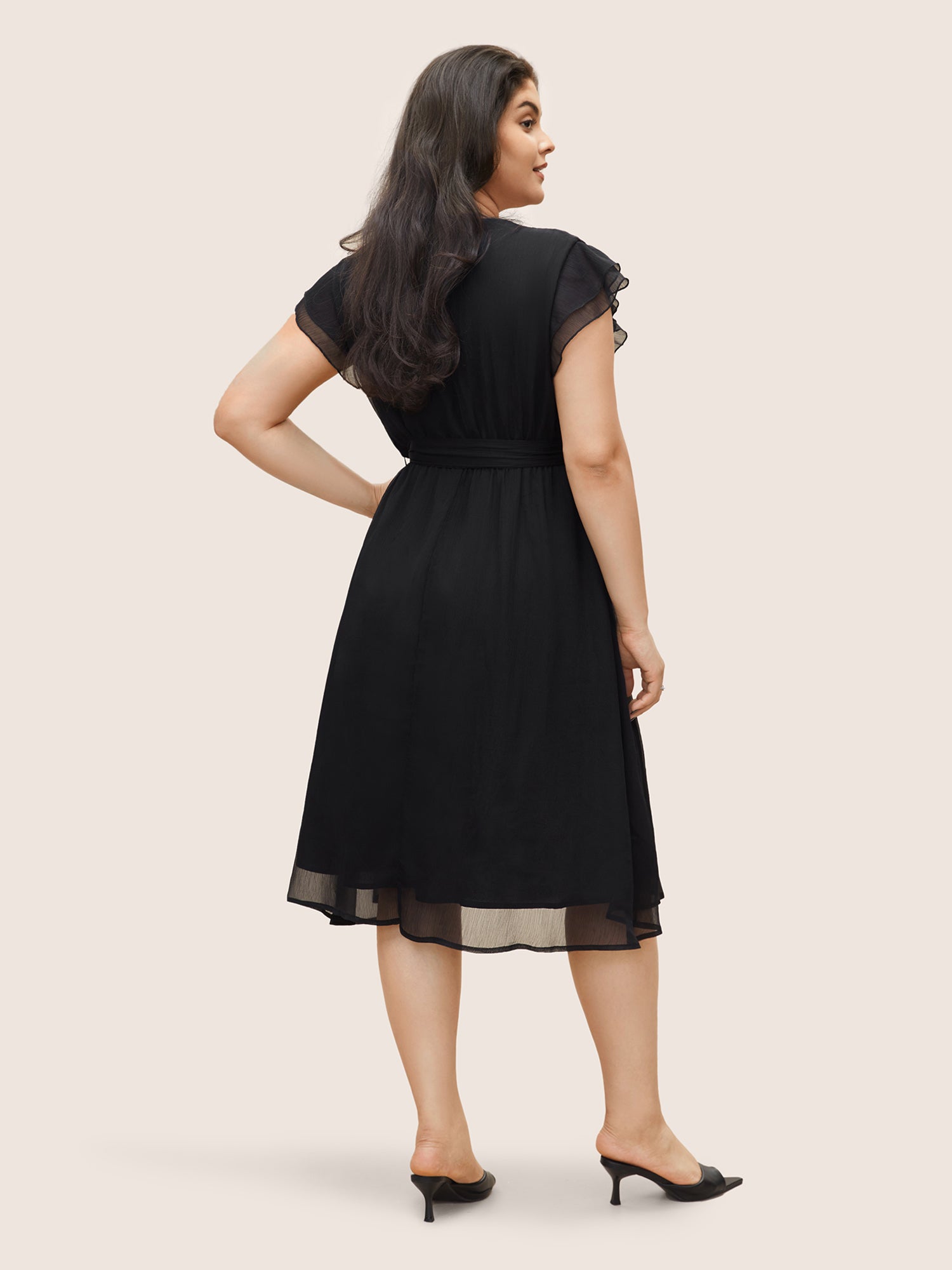 Solid Mesh Belted Ruffle Cap Sleeve Dress