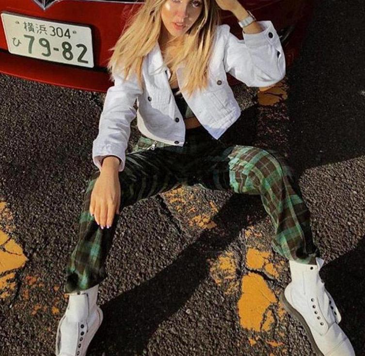 Green Plaid Trousers With Zipper Pockets