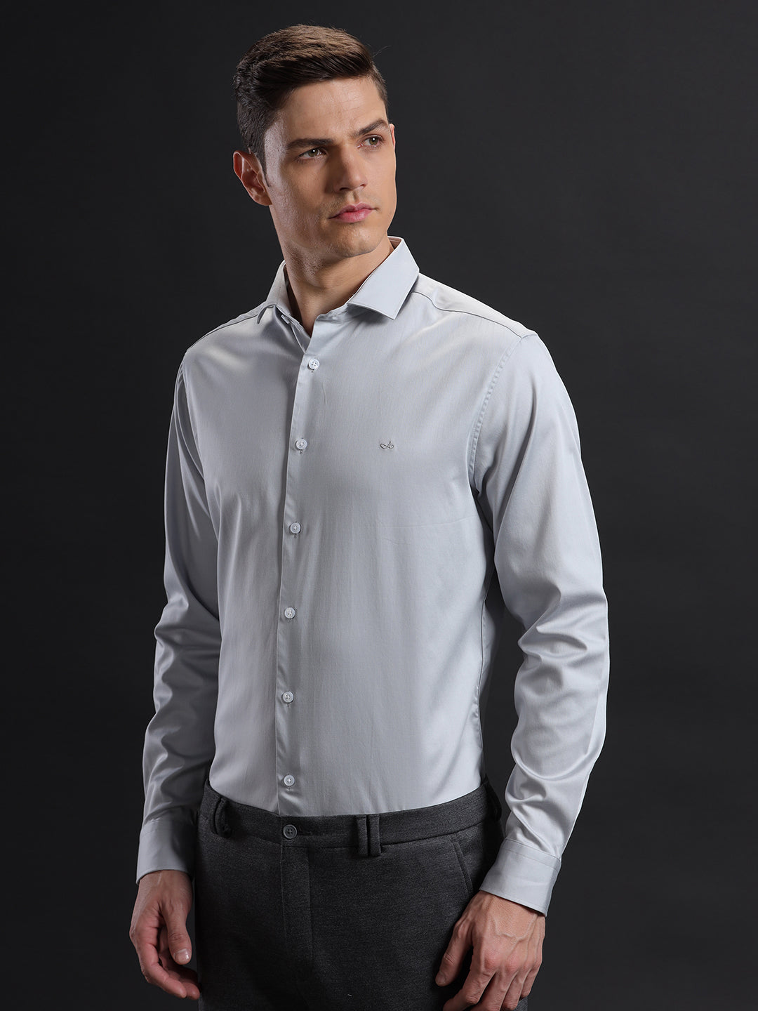 Mens Slim Fit Solid Grey Formal Satin Shirt (CALIB)