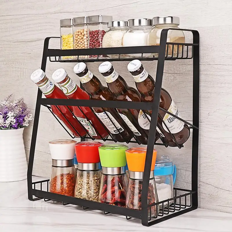 3 TIER SPICE RACK KITCHEN STORAGE SHELF METAL WITH GUARDRAIL