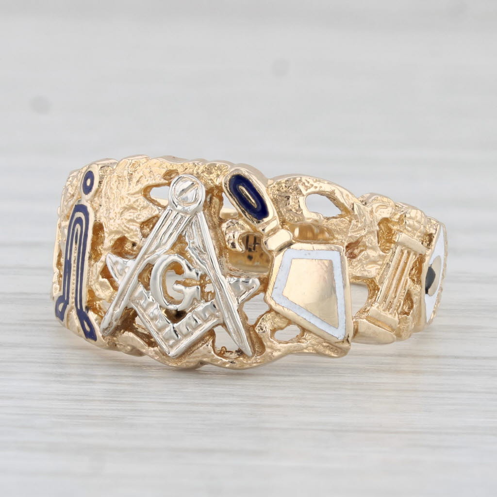 Masonic Signet Ring 10k Yellow Gold Enamel Blue Lodge Square Compass Size 11