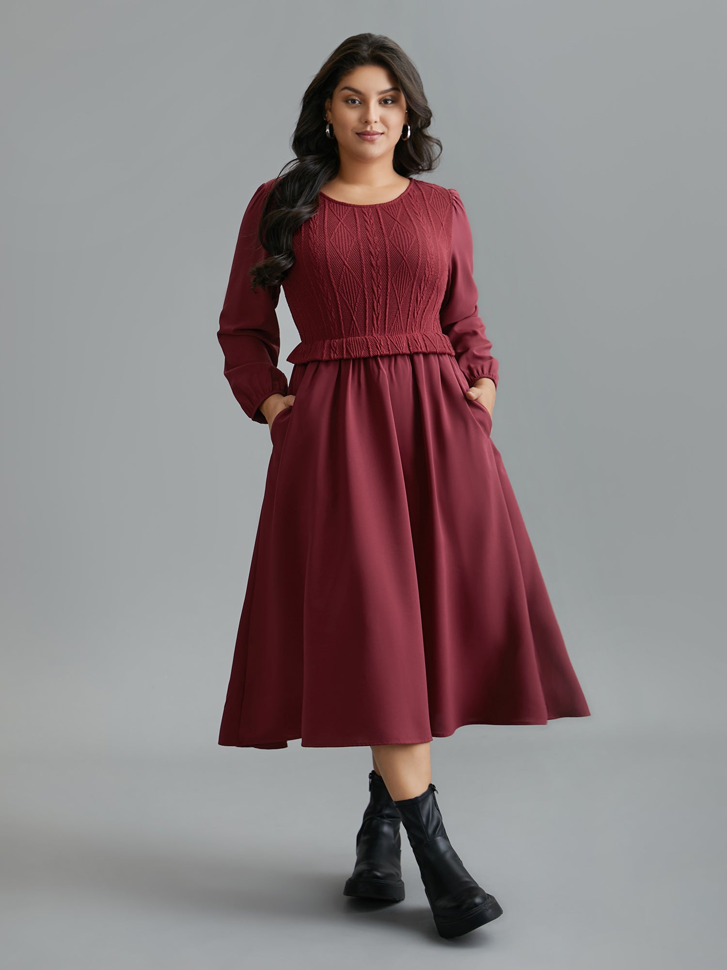 Solid Cable Knit Lantern Sleeve Dress