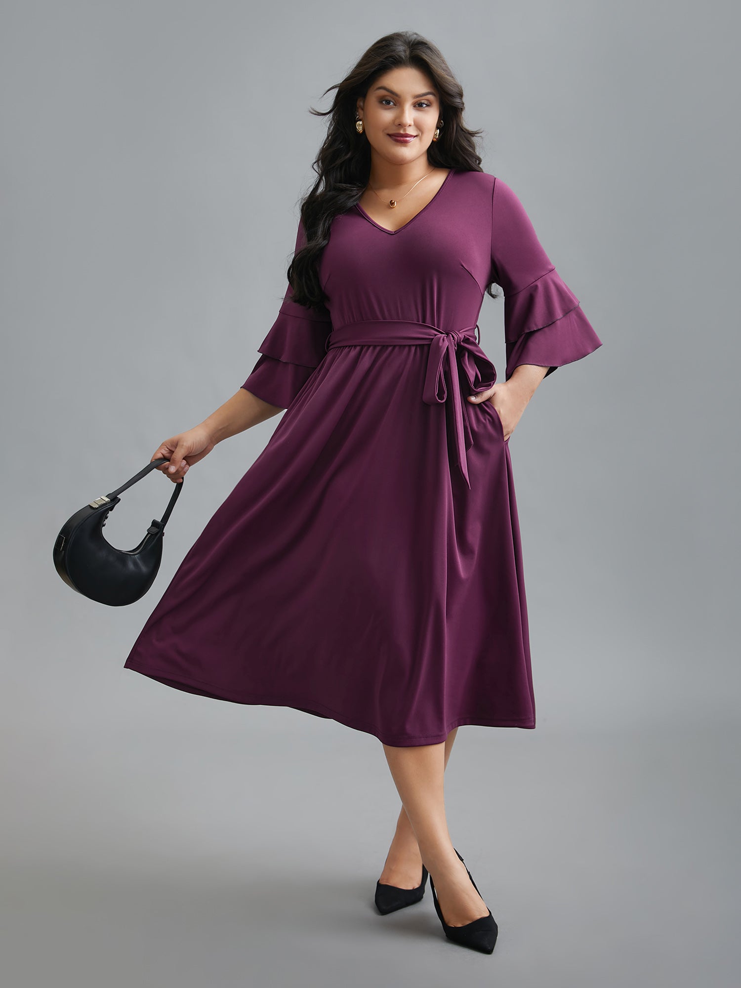 Tiered Ruffles Belted Stretchy Waist Dress