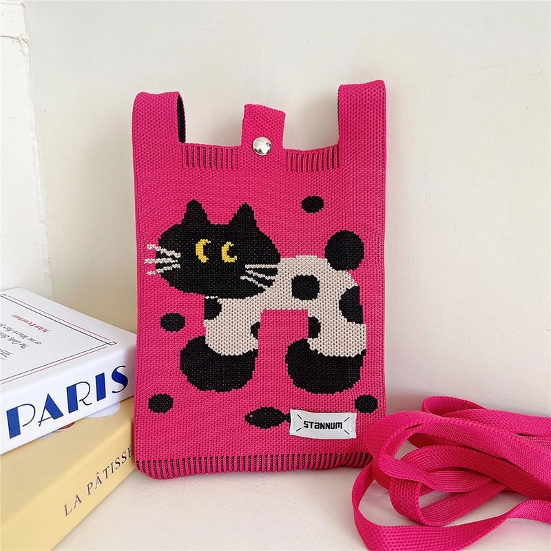 Women's Small Knit Cartoon Cute Bucket Lock Clasp Phone Wallets