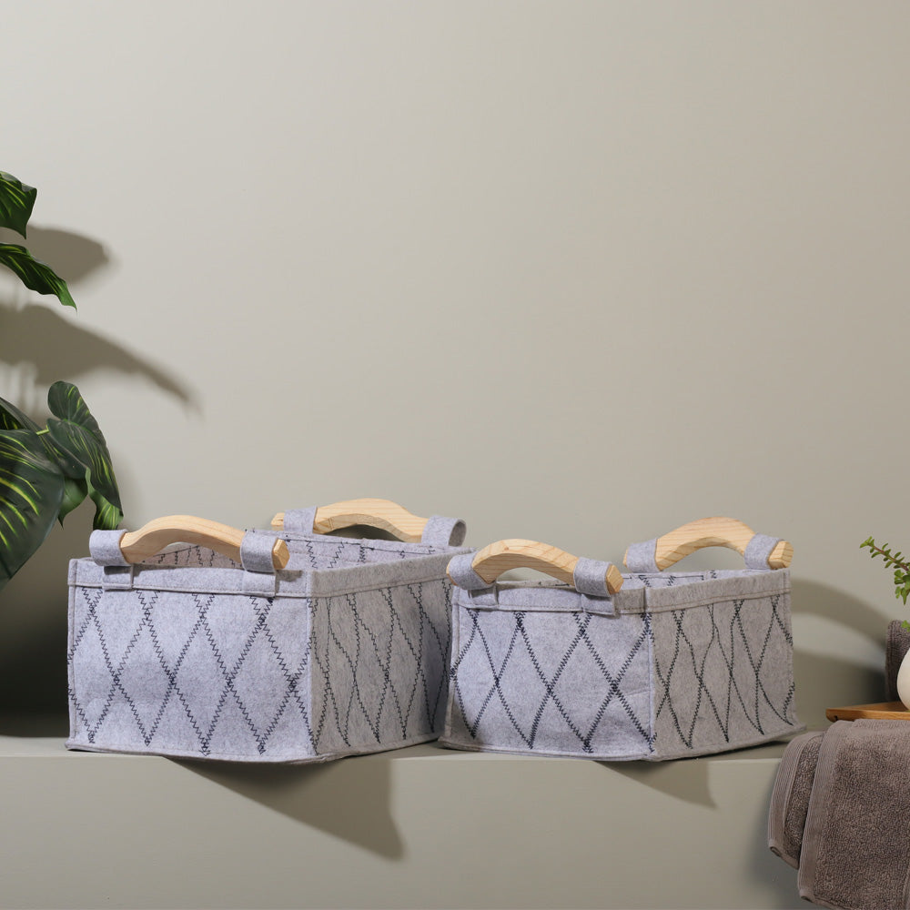 Checks Felt Storage Baskets with Wooden Handles. Set of 2 - Grey