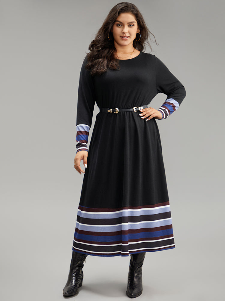 Striped Patchwork Contrast Crew Neck Dress