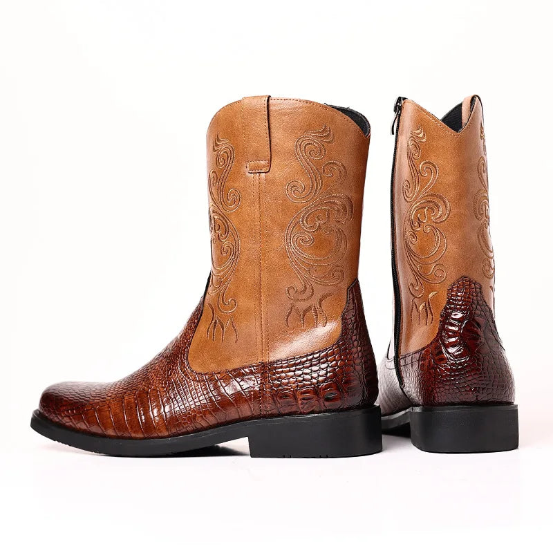 Men's British Style Embroidered Mid-Calf Riding Boots - Leather Look
