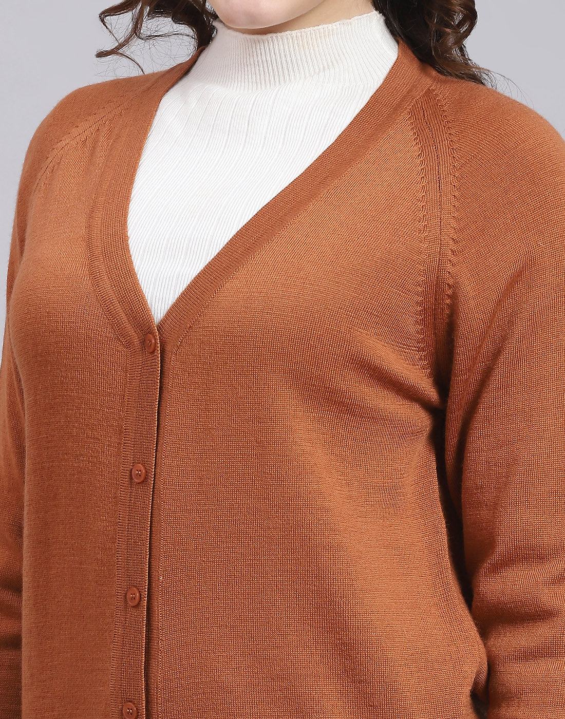 Women Brown Solid V Neck Full Sleeve Sweater