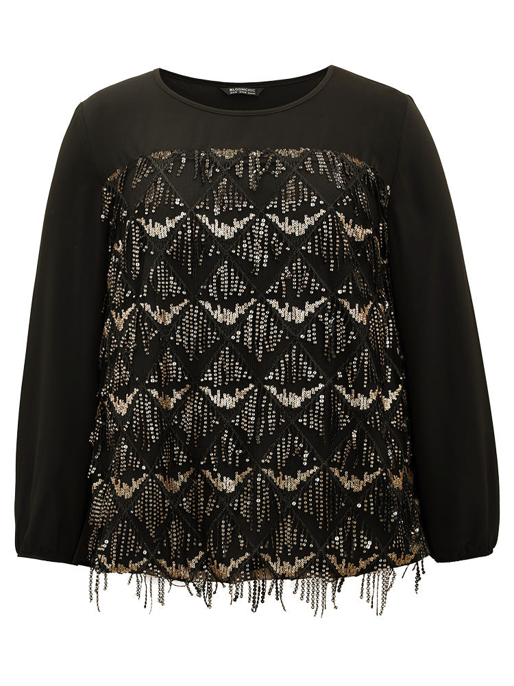 Sequin Tassel Trim Patchwork Lantern Sleeve Blouse