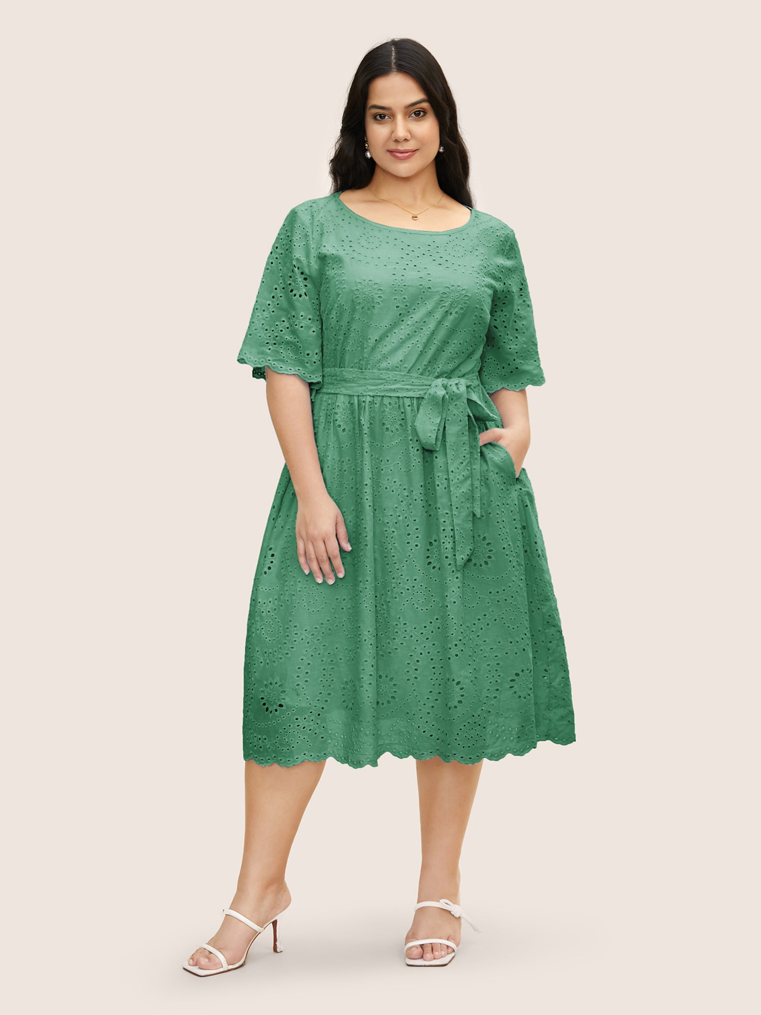Broderie Anglaise Ruffle Sleeve Ties Dress