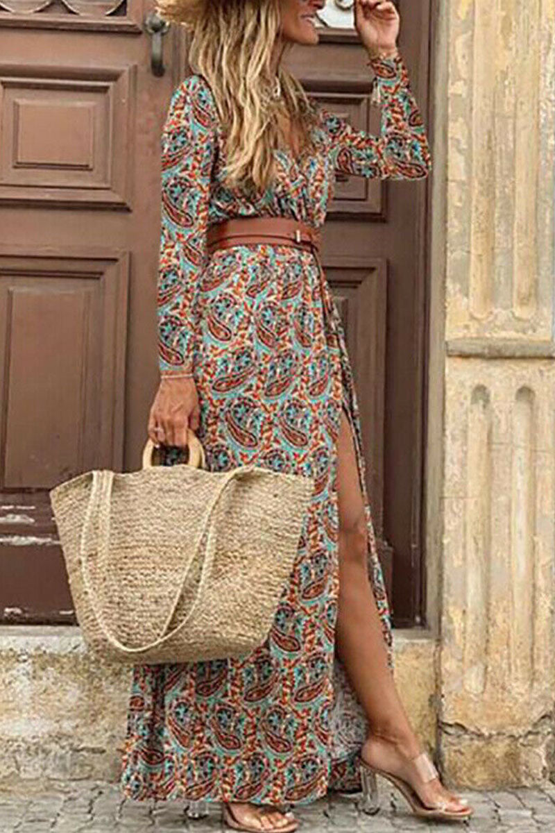 Fashion Bohemian Print With Belt V Neck Cake Skirt Dresses(3 Colors)