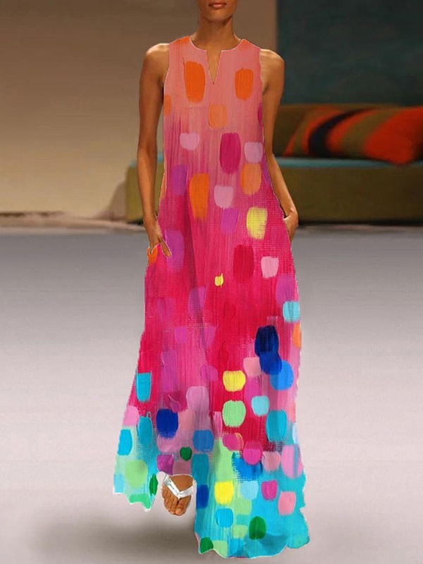 Loose Sleeveless Contrast Color Printed V-Neck Maxi Dresses