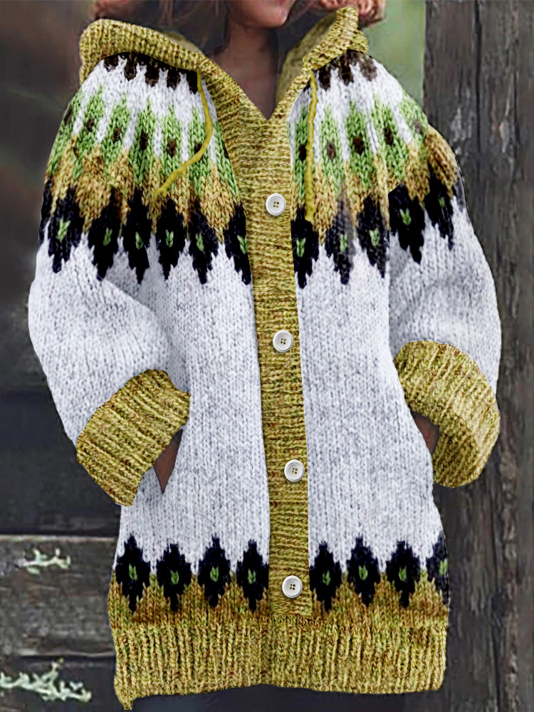 Retro Geometry Inspiration Icelandic Cozy Hooded Knitted Cardigan