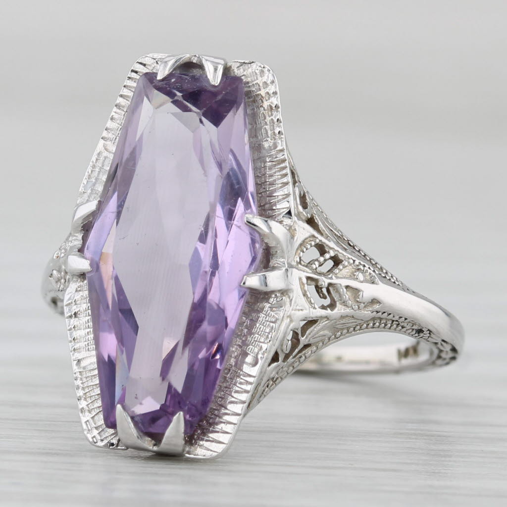 Vintage Amethyst Solitaire Ring 14k White Gold Filigree Size 6.5