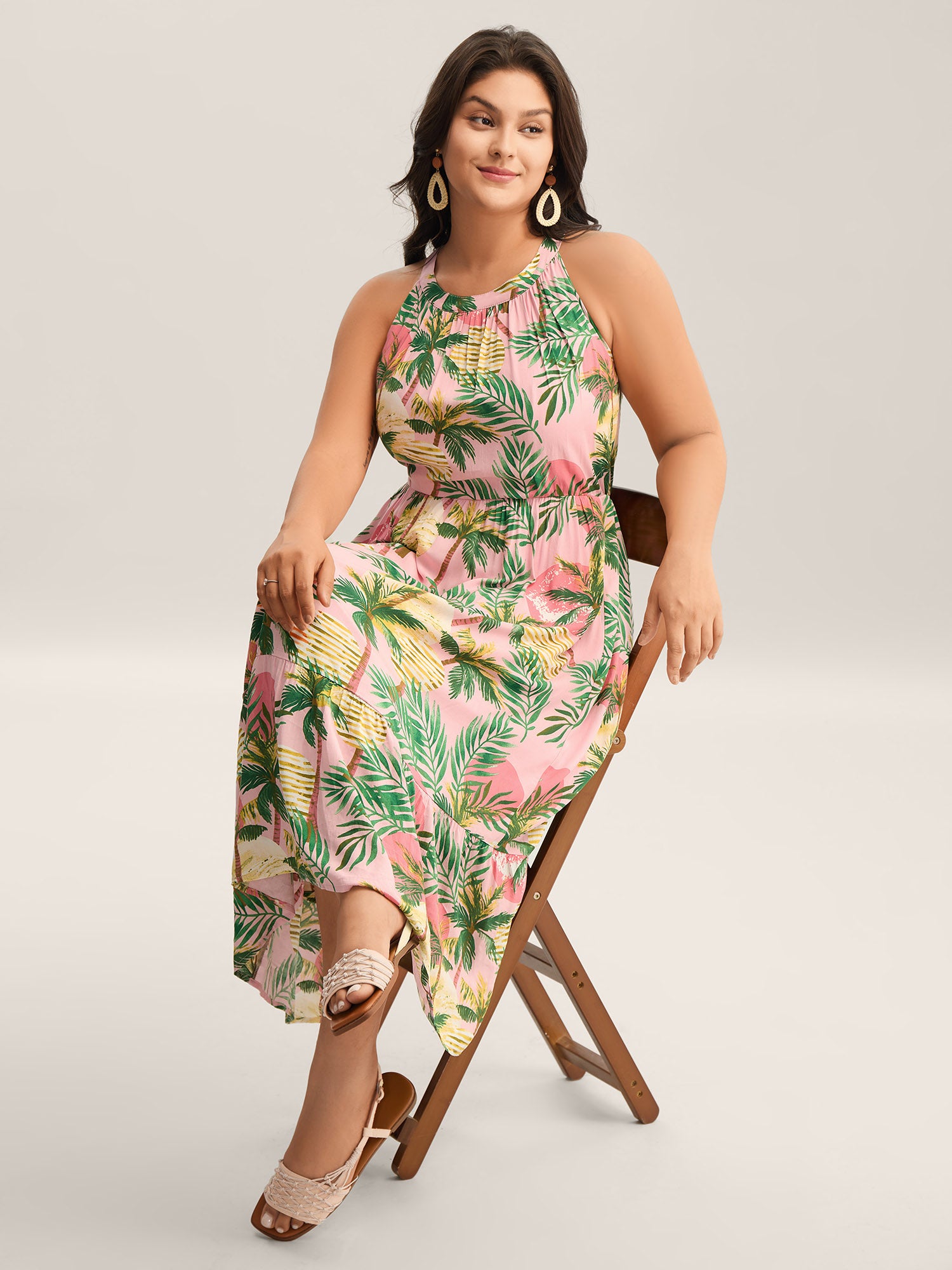 Tropical Print Cinched-Waist Pockets Midi Dress