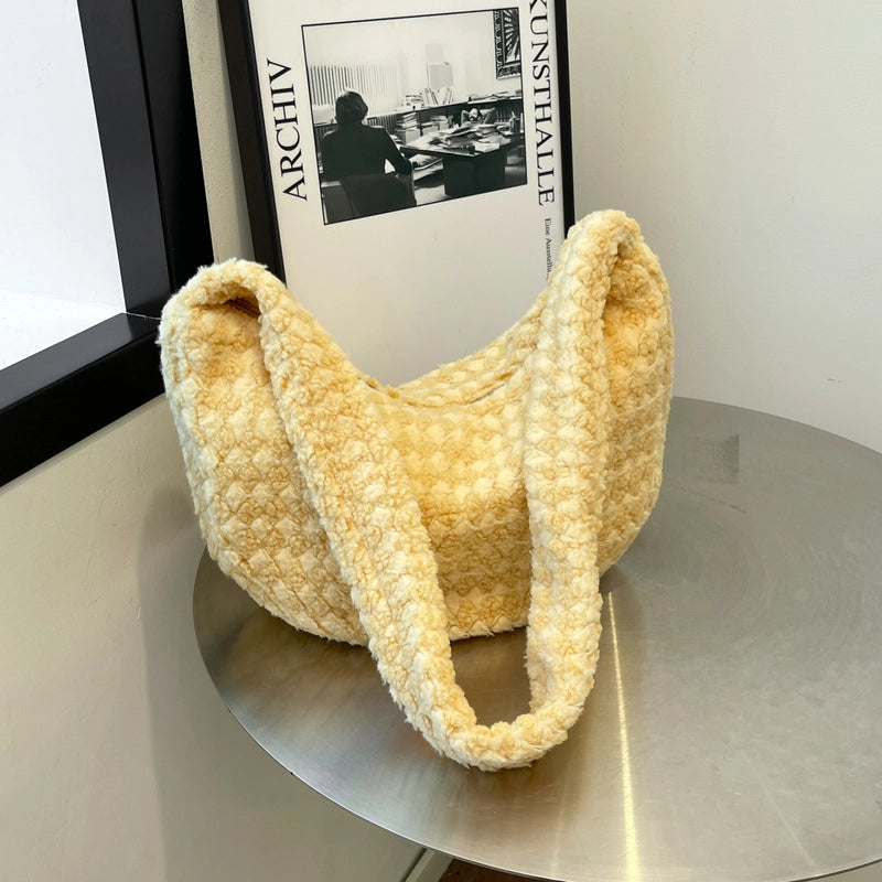 Women's Woolen Plaid Classic Style Dumpling Shape Zipper Shoulder Bag