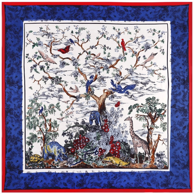 New Style Silk Scarf Forest Animal Print 130cm Twill Silk Large Square Scarf For Ladies