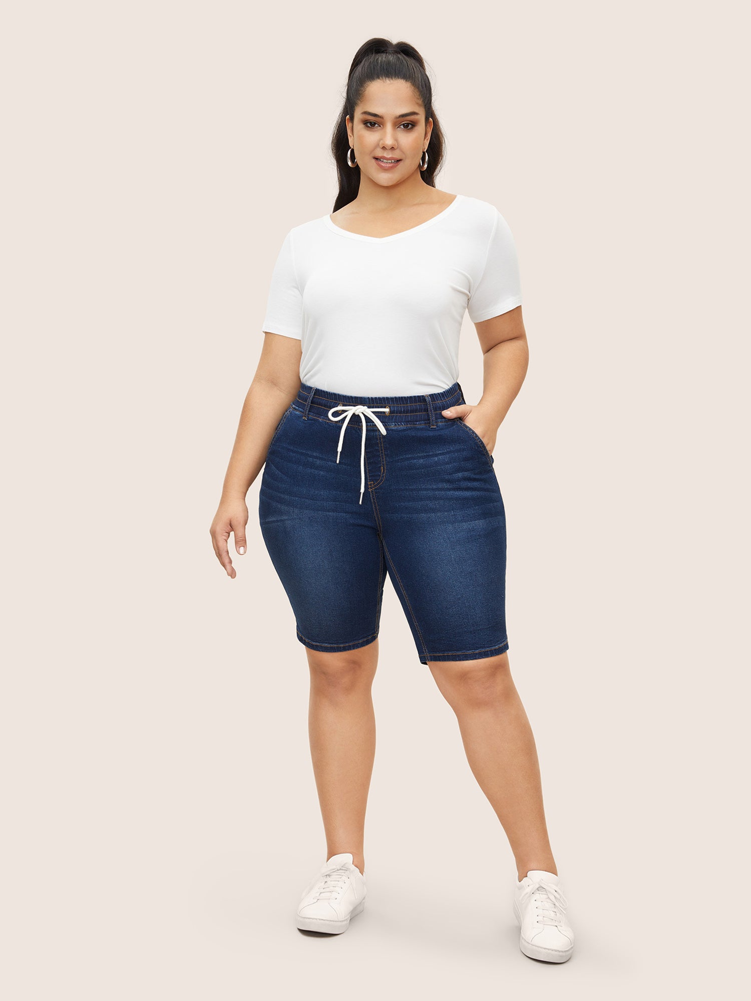 Dark Wash Drawstring Slit Hem Denim Shorts