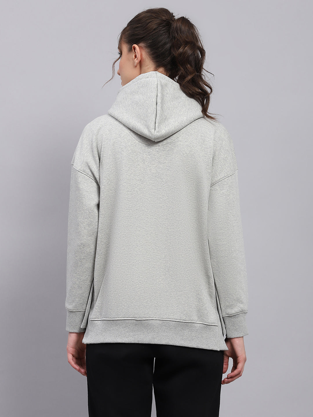 Women Grey Printed Hooded Full Sleeve Sweatshirt