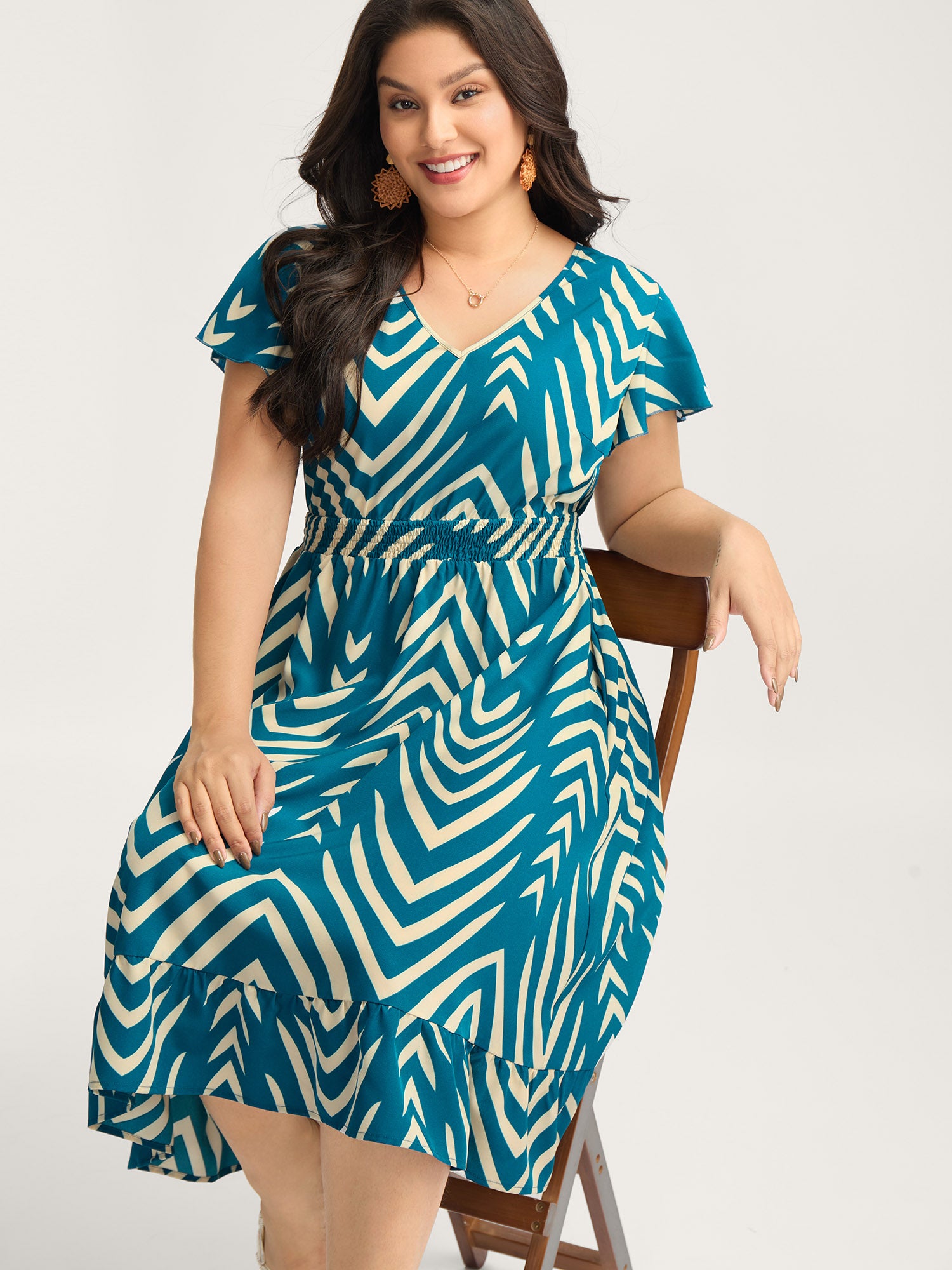 Geometric Print Cinched-Waist Midi Dress