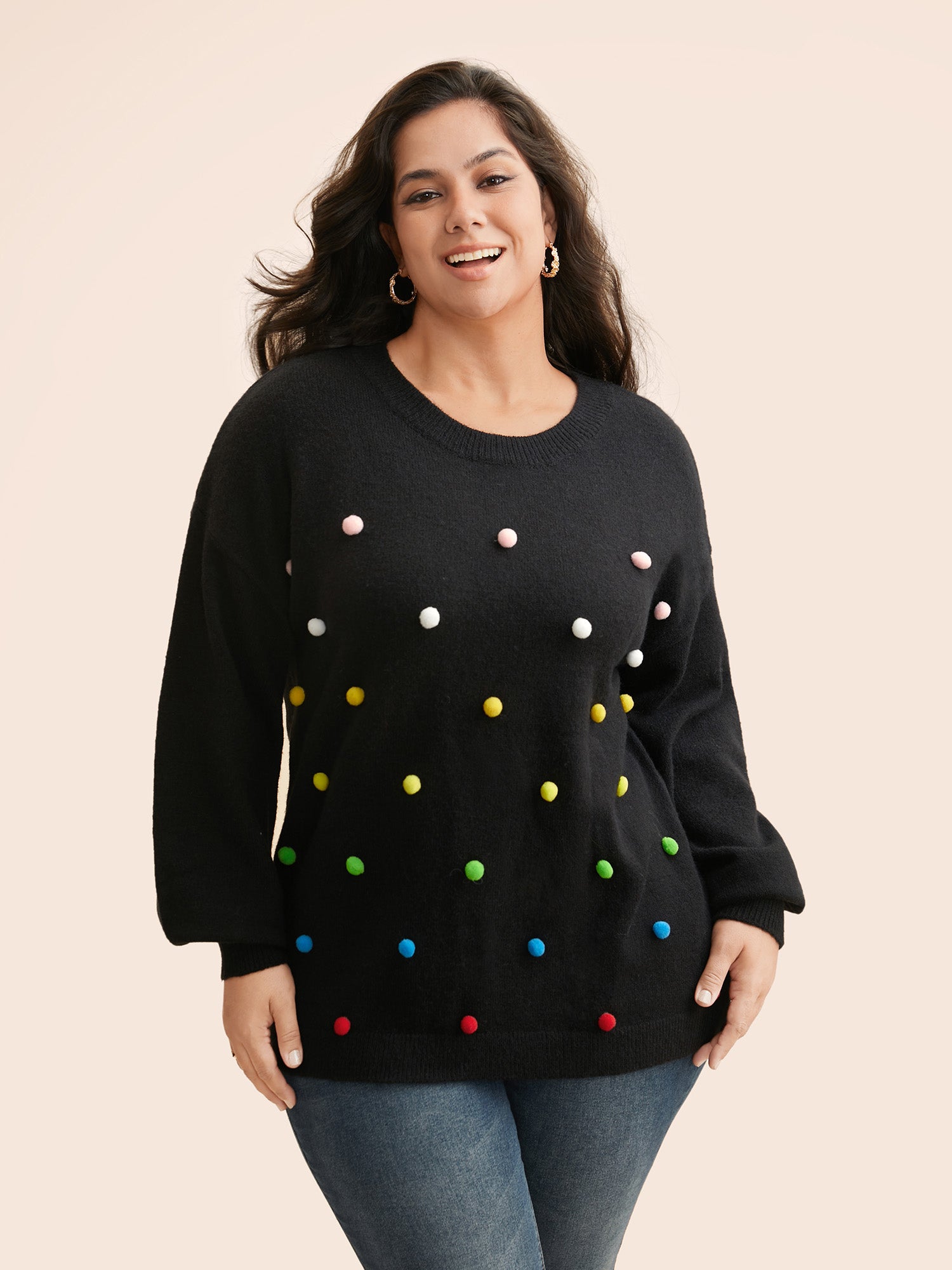 Colored Fluffy Ball Drop Shoulder Pullover