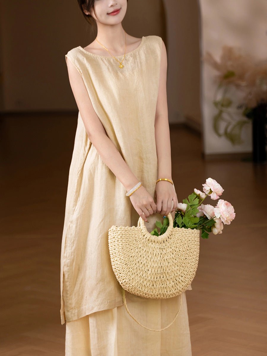 Women Summer Pure Color O-Neck 100%Hemp Long Vest