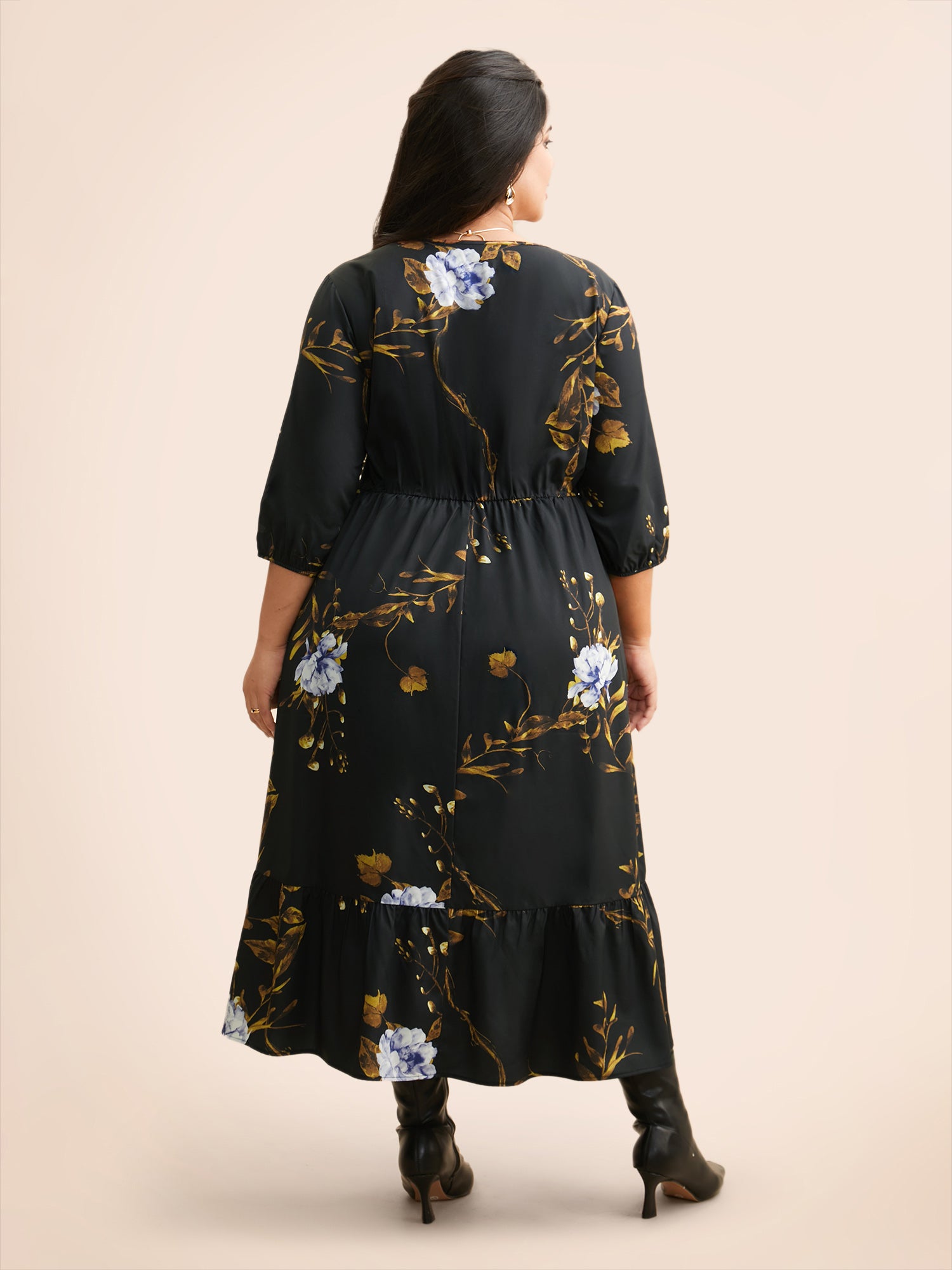 Floral Print V Neck Lantern Sleeve Dress