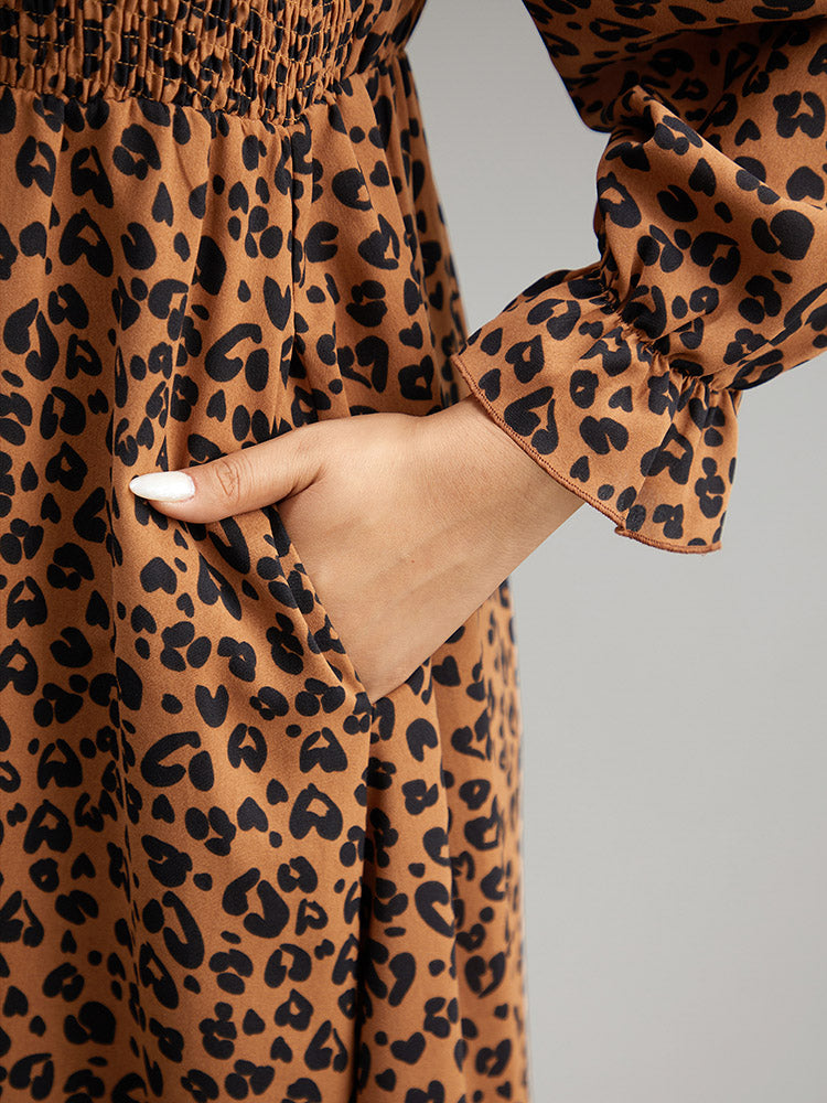 Leopard Print Shirred Square Neck Pocket Dress