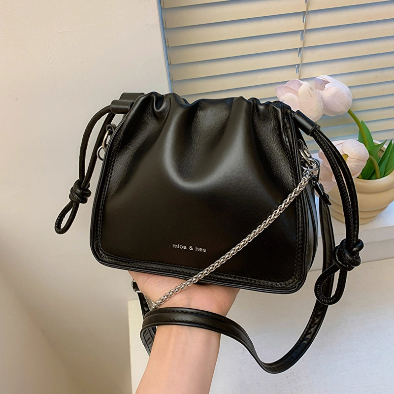 Women's Pu Leather Solid Color Elegant Bucket String Shoulder Bag Crossbody Bag