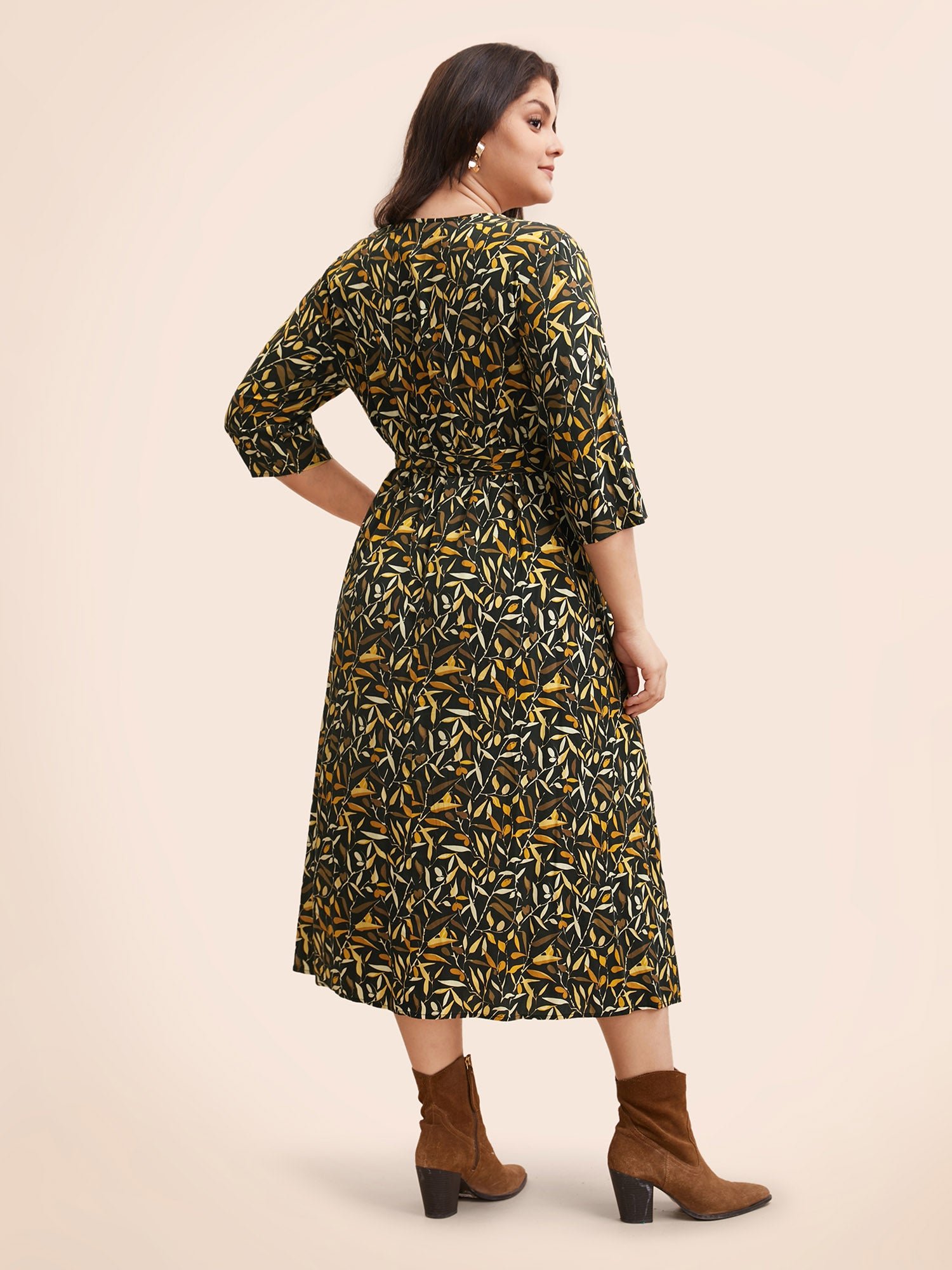 Plants Print Overlap Collar Midi Dress