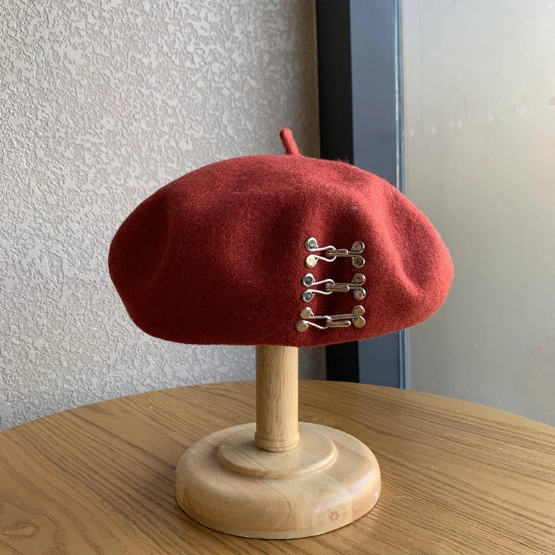 Women's Basic Retro British Style Solid Color Metal Button Eaveless Beret Hat