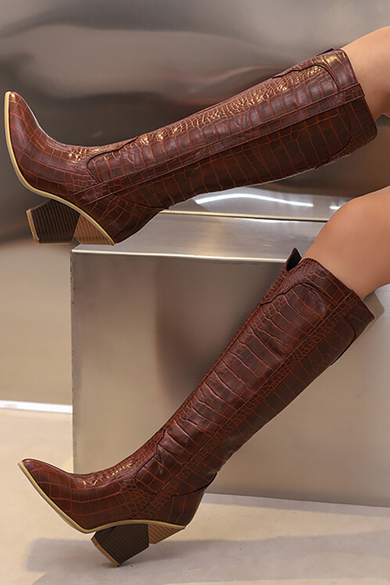 Stitching V Groove Pointy Toe Western Knee High Chunky Boots