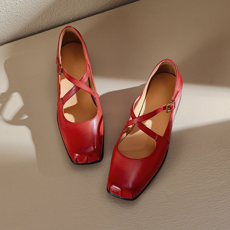 Square Toe Leather Mary Jane Ballet Flats with Cross Straps in Black/Red/Pink