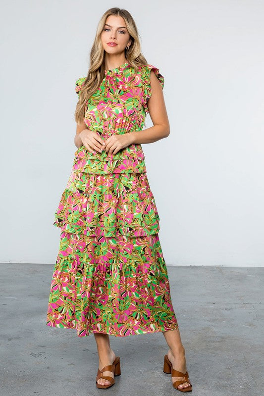 Ruffled Tiered Floral Print Maxi Dress