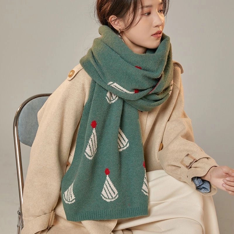 Christmas Gift Red Christmas Hat Wool Scarf Women's Winter Warm  Versatile Knitted Scarf Student