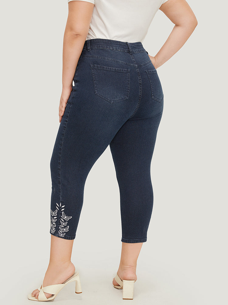 Very Stretchy High Rise Dark Wash Butterfly Embroidered Jeans