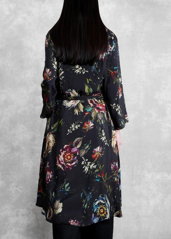 Organic Black Print Plus Size Clothes Tie Waist Cardigan Coat