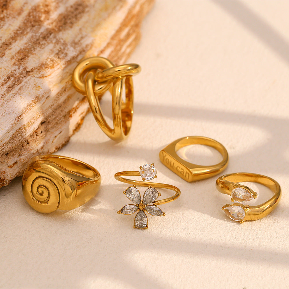 Niche Design White Diamond Flower Hand-Decorated Stainless Steel 18K Gold-Plated Conch Double-Layer Knotted Ring