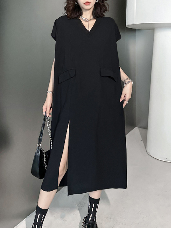 Loose Short Sleeves Asymmetric Solid Color Split-Joint Split-Side V-Neck Midi Dresses