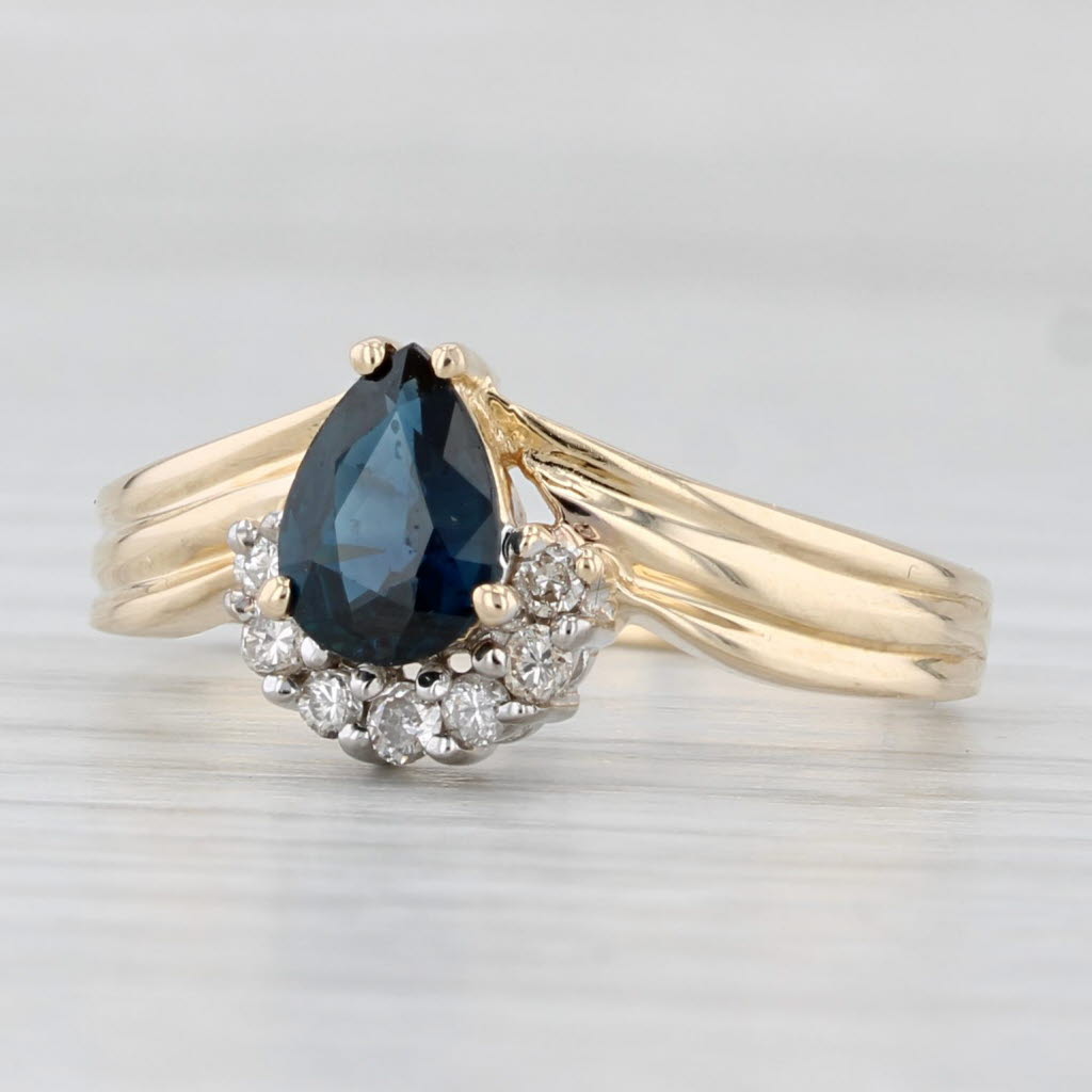 0.85ctw Pear Blue Sapphire Diamond Contoured V Ring 14k Yellow Gold Size 7.5
