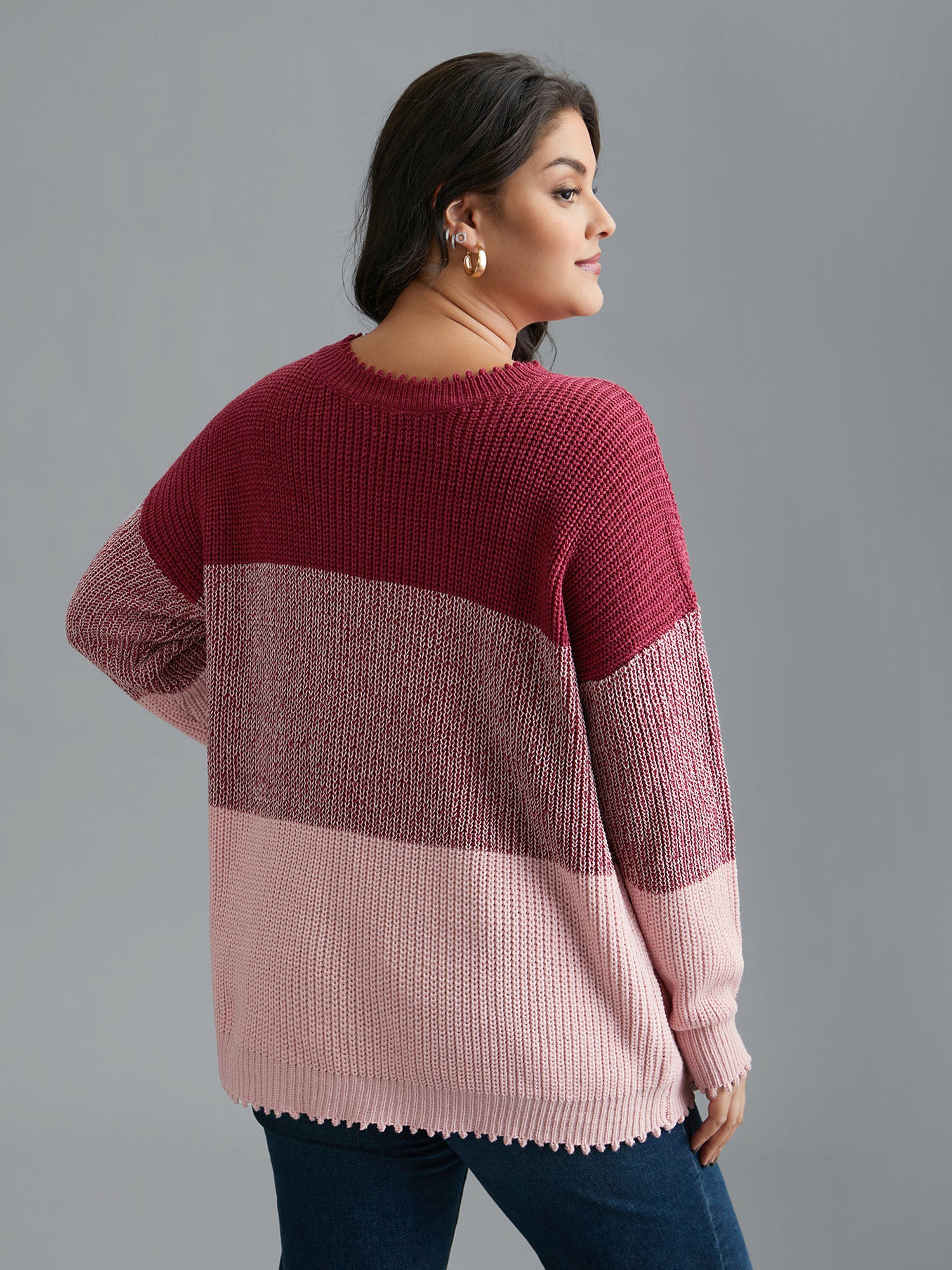 Color Block Texture Round Neck Pullover