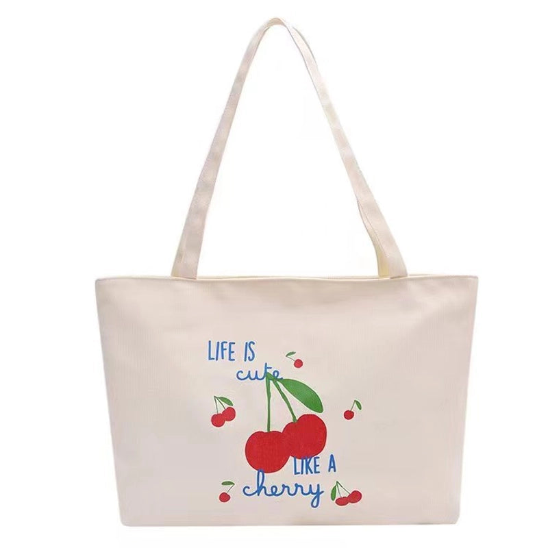 Women's Canvas Cherry Cute Sewing Thread Square Zipper Canvas Bag Tote Bag