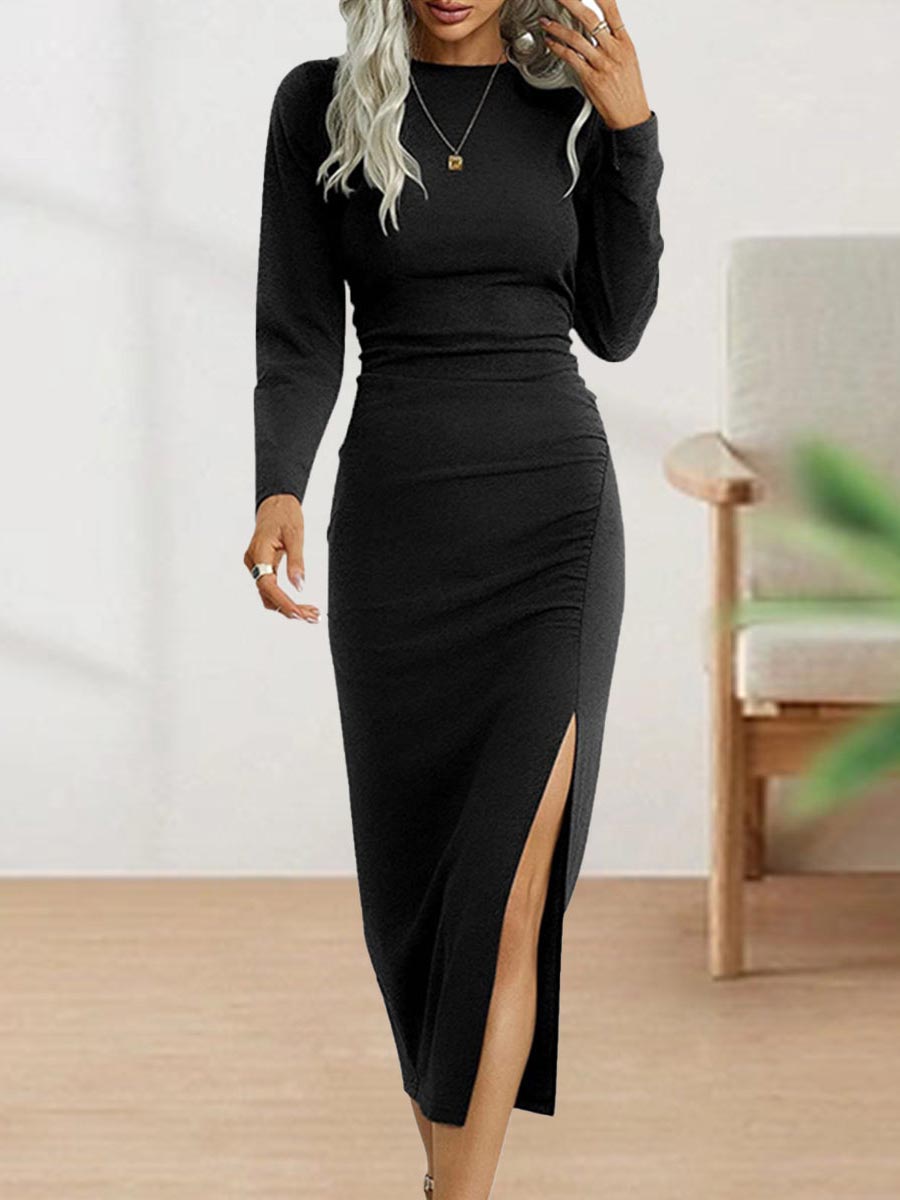 Sweet Elegant Solid Fold O Neck Sheath Dresses(4 Colors)