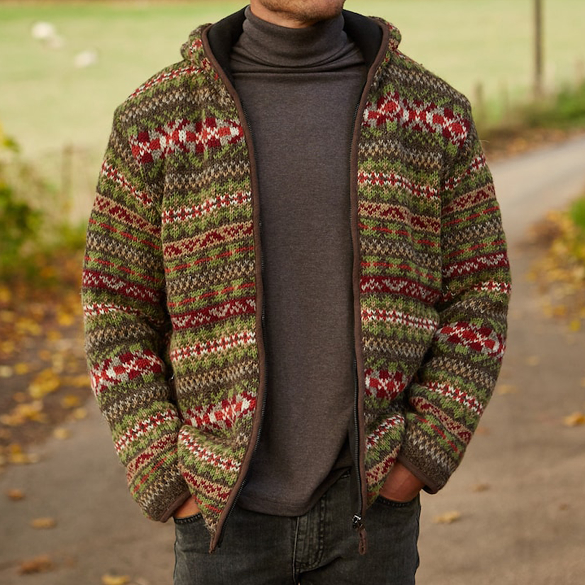 Mens Vintage Fair Isle Knitted Hooded Cardigan