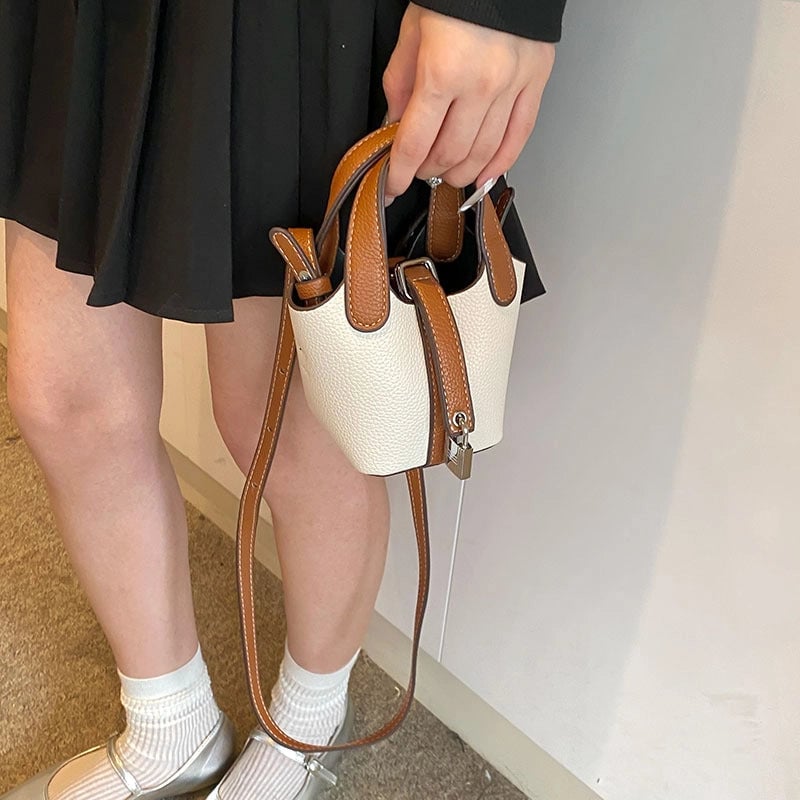 Girl'S Pu Leather Color Block Streetwear Bucket Lock Clasp Shoulder Bag Handbag Crossbody Bag