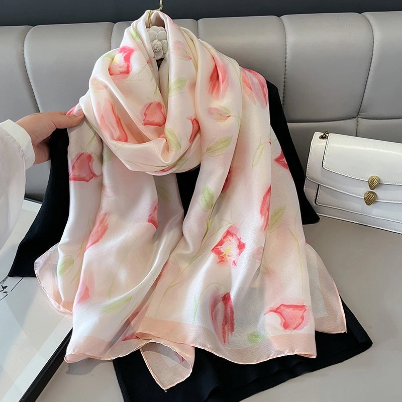 New Tulip Flower Silk Beach Towel Women's High-end Gift Summer Sun Protection Neck Protection